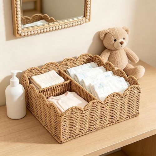 Rattan Divided Scalloped Basket,Wicker Diaper Caddy Scalloped Baske,Woven Natural Basket with 4 Dividers,Suitable for Baby Rooms, Bathrooms, Bedrooms (Imitation Rattan)