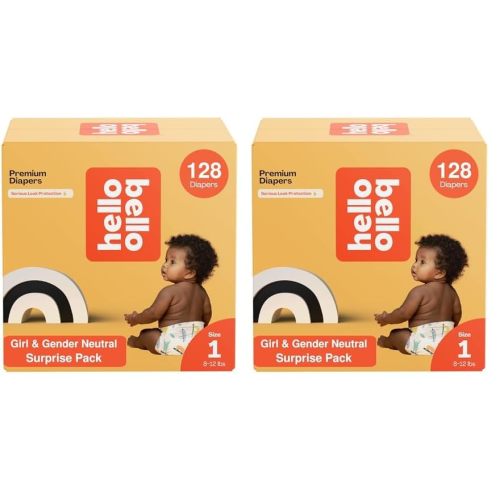 Hello Bello Premium Diapers, Size 1 (8-12 lbs) Surprise Pack for Girls - 128 Count, Hypoallergenic with Soft, Cloth-Like Feel - Assorted Girl & Gender Neutral Patterns (Pack of 2)