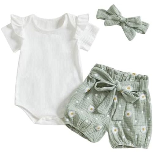 Kaipiclos Newborn Infant Girl Clothes Rib Knit Romper Daisy Print Shorts Headband Baby Summer Clothes 0 3 6 12 18 24 Months