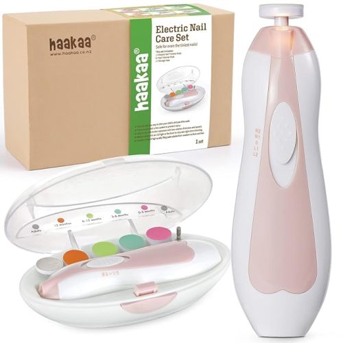 haakaa Baby Nail Trimmer Electric Safe Baby Nail Clippers Baby Nail File Kit Manicure Set, Trim Polish Grooming kit for Newborn Toddler or Adults Toes Fingernails, 6 Grinding Heads and LED Light - Electric Trimmer Pink with 6 pads