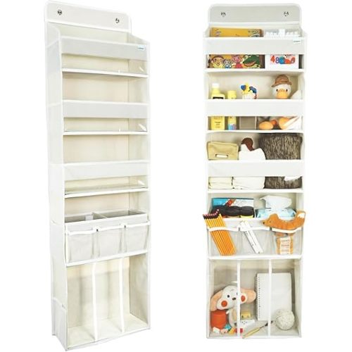 Door Hanging Storage Organizer,with 3 Bins 1 Movable Baby Diaper Caddy,1 Large capacity diaper stacking storage Organizer,10 Side Pockets ,Bedroom Door Storage for Nursery Baby Essentials. (Beige)