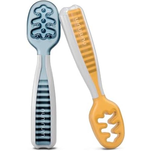 NumNum Baby Spoons Set, Baby Essentials Pre-Spoon GOOtensils for 6+ Months, First Stage Self-Feeding Spoons for Baby Led Weaning (BLW), Silicone Toddler Utensils, BPA-Free, 2 Pack Blue/Orange