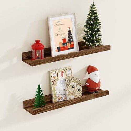 Fun Memories Picture Ledge Shelf for Wall, 24 inch Pine Wood Nursery Book Shelves Set of 2- Wall Book Shelves for Kids Room, Home Decor - Kitchen Spice-Carbonized