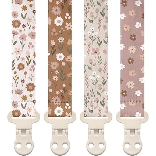 Stadela Baby Pacifier Clip Holder - Girl or Boy Unisex 4 Pack Gift Set – Boho Modern Neutral Floral Beige Yellow Brown Colors (Flora)