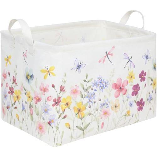 Boho Flower Nursery Basket,Waterproof collapsible storage box,Fall Wildflower Floral Dandelion Storage Bin,Plant Butterfly baby girl gift basket,Girls Bedroom Boho Flower Decor(Dandelion)