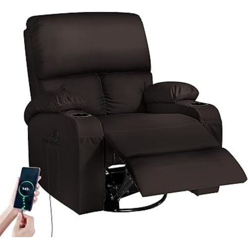 Rocking Recliner Chair, Massage Rocker Recliner Chair with Vibration Massage and Heat, USB and Type-C Ports,360° Swivel Faux Leather Chairs, Living Room, Bedroom, Nursery, RV, Brown