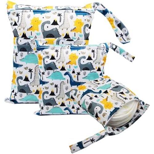 3pcs Cloth Diaper Wet Dry Bags Waterproof Reusable with Two Zippered Pockets - Soiled Baby Items (dinosaur)