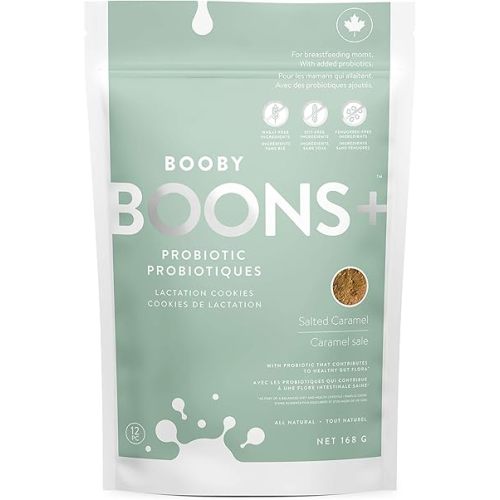 Booby Boons+ Probiotic Lactation Cookies; Salted Caramel Crunch (168g bag). Canada's Award Winning Lactation support with Probiotics. Gluten-Free, Soy-Free, Fenugreek-Free