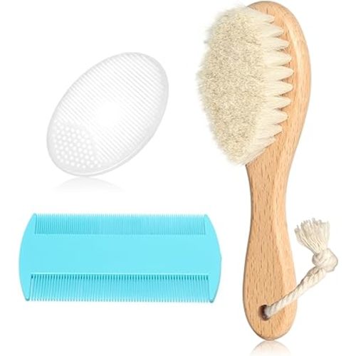 Baby Hair Brush and Comb Set, Wooden Natural Goat Bristles Hairbrush+Comb+ White Cradle Cap Brush Grooming Kit for Newborns Toddlers Boys Girls (Pack of 3)