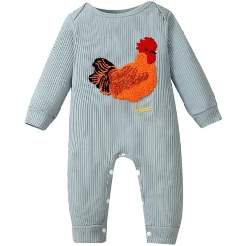 Tsnbre Newborn Boy Girl Outfits Rib Knit Romper Long Sleeve Farm Chicken Bodysuit 0 3 6 9 12 Months Netural Baby Clothes