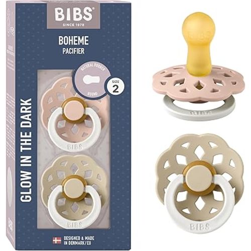 BIBS Boheme Glow in The Dark Soother 2-Pack. BPA Free. Round Latex, Size 2 (6-18 Months), Blush Glow/Vanilla Glow