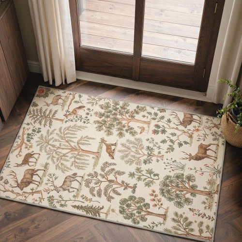 Tavira Washable Botanical Forest Animal Brown Rug