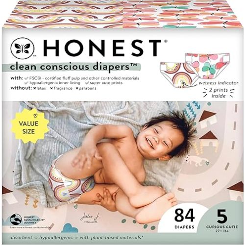 The Honest Company Clean Conscious Diapers | Plant-Based, Sustainable | Wingin' It + Catching Rainbows | Club Box, Size 5 (27+ lbs), 44 Count