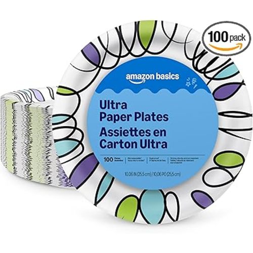 Amazon Basics Ultra Paper Plates, 10 Inch, Disposable, 100 Count, Packaging May Vary