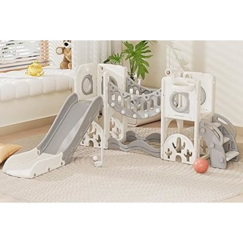 67i Toddler Playground Playset - Climbing Arch, Slide & Basketball Hoop with Storage 1-3 Years Safe Outdoor/Indoor Play Structure (White Gray, Without Swing)