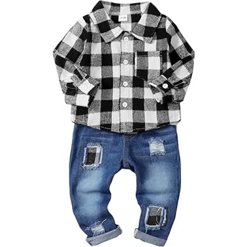NZRVAWS Toddler Baby Boy Clothes Infant Long Sleeve Plaid Pocket Shirt Denim Ripped Jean Pants Outfits Set 6-24 Months 2-5T