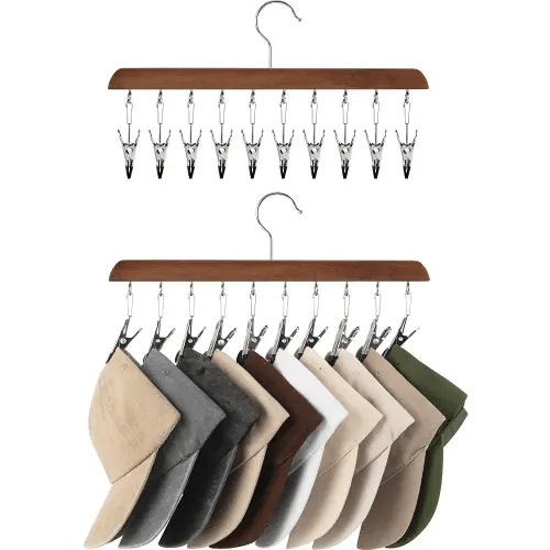 StorageWorks Hat Organizer, Hat Storage for Closet, Hat Racks for Baseball Caps, Set of 2 Cap Organizer with 10 Adjustable Stainless Steel Clips, Fits All Caps, Natural Walnut Color