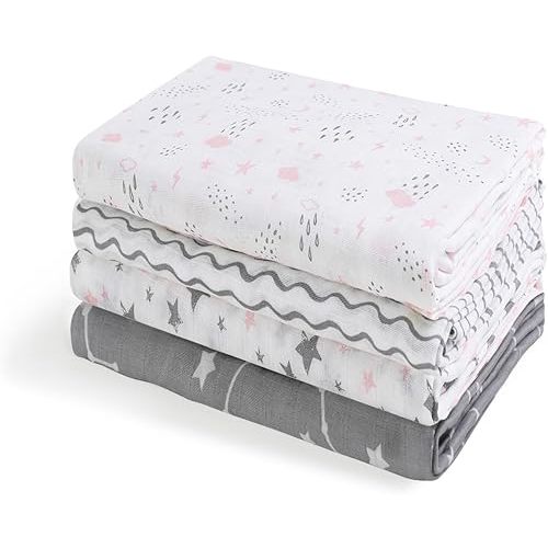 bimocosy Baby Muslin Swaddle Blankets for Baby Boys and Girls,4-Pack Breathable and Skin-Friendly Baby Receiving Blankets Swaddle Wrap,100% Cotton Swaddling Blankets,Large 47 x 47 inches - Pink Stars