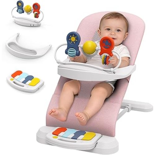 Baby Bouncer Seat, 3-Speed Adjustable Height Baby Bouncer Seat, 4-in-1 Bouncer Seat for Babies 0-6 Months, Detachable Piano Pedals, Feeding Tray