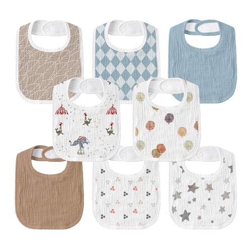 GLLQUEN BABY Muslin Drool Bibs for Boys Girls 8 Pack, Adjustable Baby Bibs for Drooling and Teething, Soft Cotton Baby Bandana Bib for Newborn Feeding Essentials (Circus)