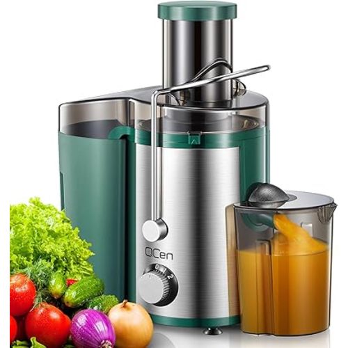 QCen Juicer Machine, 800W Centrifugal Juicer Extractor with Wide Mouth 3” Feed Chute for Fruit Vegetable, Easy to Clean, Stainless Steel, BPA-free (Green)