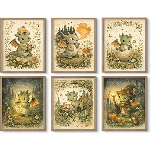 tgguytiy Vintage Nursery Dragon Wall Art - 6 Pcs Cute Baby Dinosaur Posters - Whimsical Woodland Fantasy Dragon Pictures - Storybook Style Canvas Prints for Kids Bedroom Playroom, 8x10 Inch Unframed