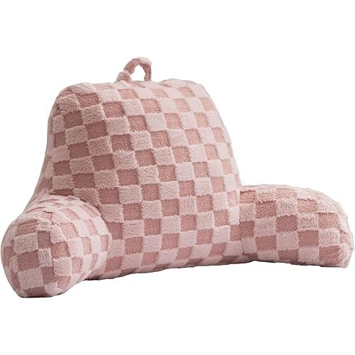 Aimuan Checkered Reading Pillow Bed Rest Wedge Backrest Checkerboard Pillow with Arms Back Support for Sitting Up in Bed Cushion Incline Rest Sleeping Snoring Pillow (Pink,Large)