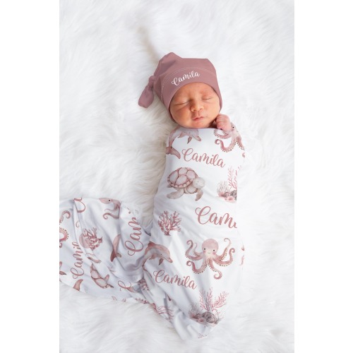 Baby Girl Ocean Swaddle Set - Personalized Baby Girl Under the Sea Themed Swaddle Blanket Headband Set -Pink Ocean Coming Home outfit W611