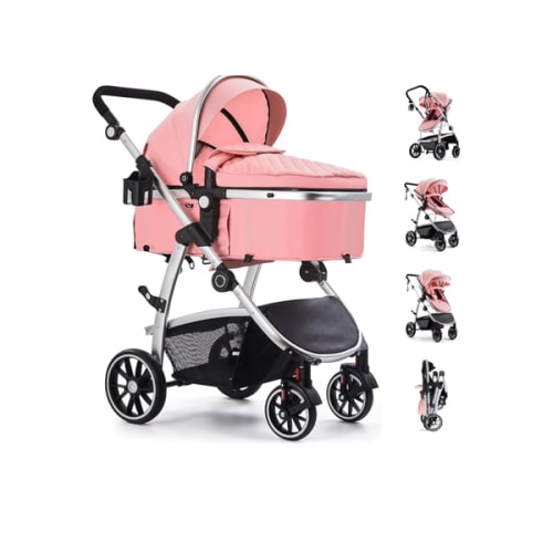 Baby Stroller, 2-in-1 Reversible Toddler Seat with Bassinet Mode, Foldable Infant Stroller with Canopy, One Button Brake, Adjustable Handle, Newborn Pushchair(Pink)