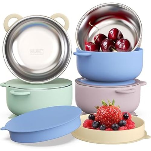 Baby Suction Bowls with Lids 4-Pack, 2-in-1 Stainless Steel 304 Toddler Bowl & Removable Silicone Suction Kids Bowl Plate Set Non Toxic Snack Dishes for Self-Feeding, Twilight Meadow