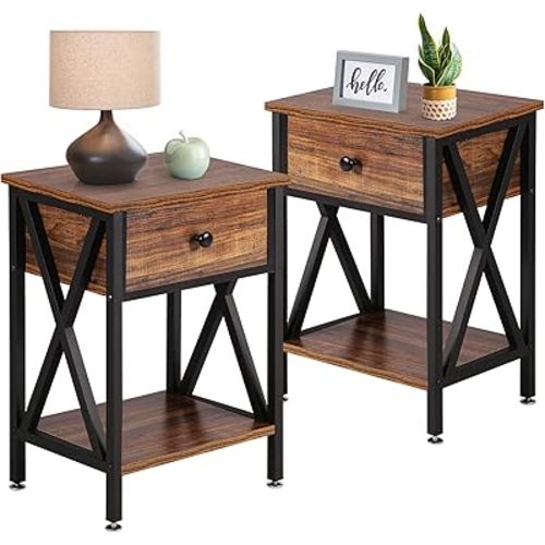 VECELO Nightstands Set of 2, Modern Bedside End Tables, Night Stands with Drawer and Storage Shelf for Living Room Bedroom, Industrial Metal Frame
