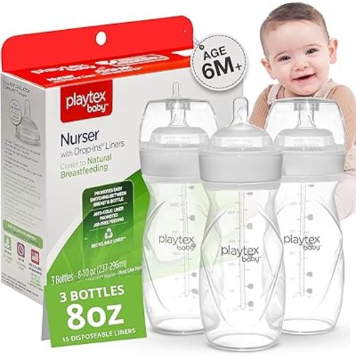 Playtex Baby Anti-Colic, Reduce Gas, Air Free Nurser Bottle with Pre-Sterilized Disposable Drop-Ins Liners, Closer to Breastfeeding, 8 Oz Bottles, 3 Count