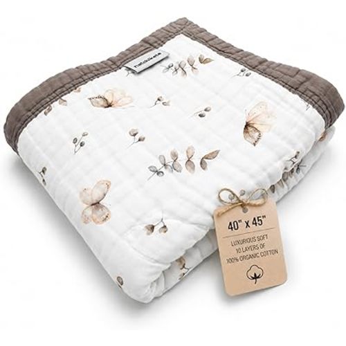 Organic Cotton Muslin Baby Blanket for Boys and Girls - Luxurious Soft Toddler Quilt for Swaddling - Gender Neutral Blanket - Baby and Toddler Gift - Neutral Floral