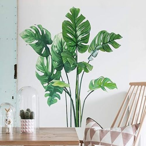 Monstera Leaf Tropical Plants Wall Stickers for Living Room, Palm Leaf Wall Posters Natural Green Plants Art Murals Vinyl Wallpaper for Bedroom, Nursery, Office