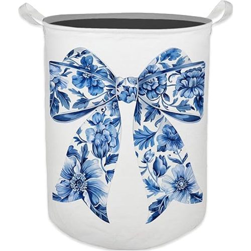 Coquette Blue Bow Laundry Basket, Toybox for Girls, Blue and White Porcelain Chinoiserie Bow Laundry Basket Hamper Waterproof Collapsible Storage Bin Organizer for Bedroom Girls Room Clothes