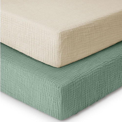 Yoofoss Muslin Crib Sheets for Boys Girls 100% Cotton Fitted Baby Crib Sheet 2 Pack Soft and Breathable for Standard Crib Mattress & Toddler Mattress 52"x28" Apricot&Green