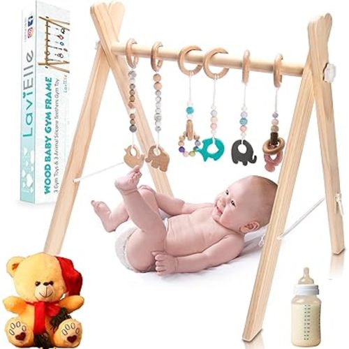 Wooden Baby Gym with 6 Premium Teethers | Foldable Play Gym for Motor Skills Development | Baby Activity Gym Center for Nursery, Montessori