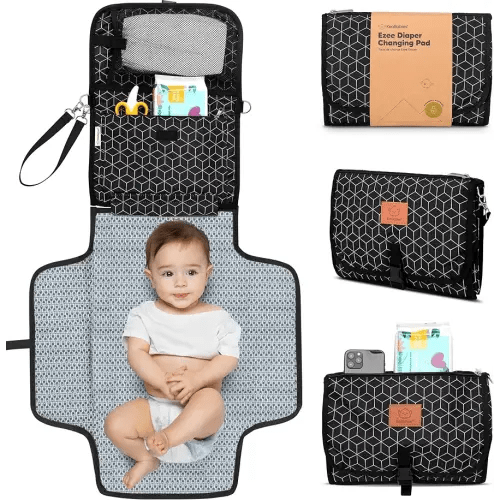 KeaBabies Portable Diaper Changing Pad - Large Waterproof Baby Changing Mat, Compact Travel Diaper Clutch, Functional Pockets Fit Newborn Essentials, Wipeable & Padded Baby Changer (Black Geo)