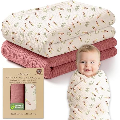 infancie Organic Cotton Muslin Baby Blanket - 47x47 Inch Breathable Swaddle, Hypoallergenic Double-Layer, Versatile Use (Pink Floral, 47x47 Inch)