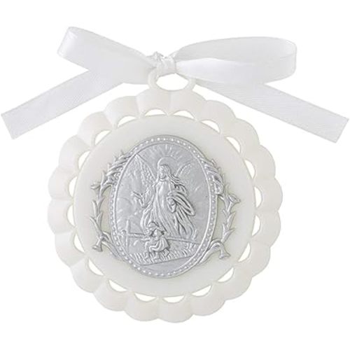 Moulded Crib Medal with Guardian Angel for Baby Nursery Room Decor, 3 1/4 Inch (White)