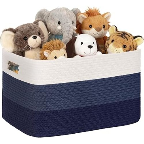 60L Laundry Basket with Leather Handles for Living Room Storage, Woven Rope Baskets Bin for Blanket, Kids Toy, Gifts, Wicker Hamper for Bedroom Dirty Clothes,Gradient Blue
