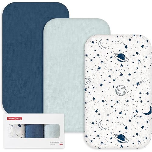 Gllquen Baby 3-Pack Muslin Cotton Bassinet Sheets, 33"x20" Fitted Crib Sheets for Bedside Sleeper & Travel Crib, Oeko-TEX Certified Soft Breathable Sheets, Easy On/Off (Planet)