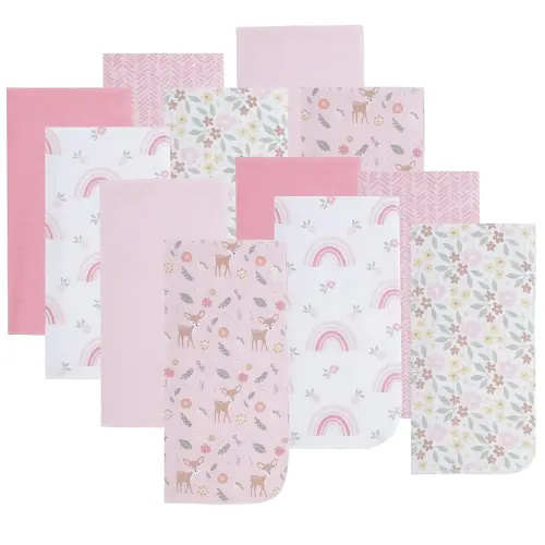 EVERYDAY KIDS 12 Pack Burp Cloths for Baby Girl; Newborn Essential with - Large Absorbent Cotton Flannel Pink Burping Cloths for Babies with Woodlands, Floral and Rainbow Prints and Solids