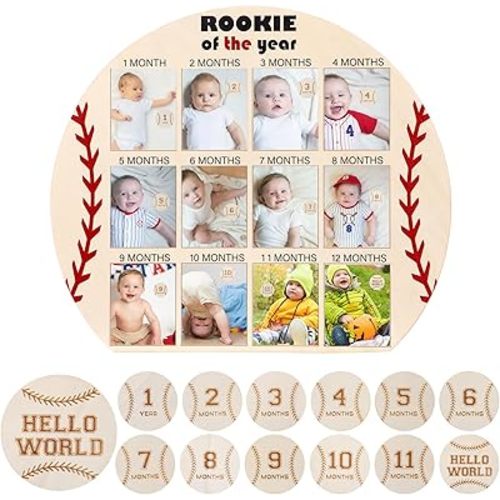 Bucherry 14 Pcs Baseball First Year Photo Board Rookie of The Year 1st Birthday Party Decoration Wooden Sports Picture Frame with 12 Monthly Milestone Cards for Baby Shower Photography Props Gifts