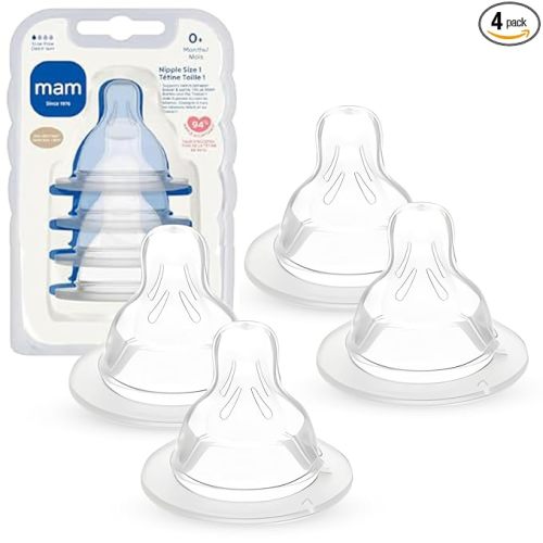MAM Baby Bottle Anti-Colic Slow Flow Nipples, Fits All MAM Bottles, 4 Pack | Size 1, Newborn Babies, Skin Soft BPA Free Silicone, 94% Nipple Acceptance, Developed With Medical Experts, Made In Europe