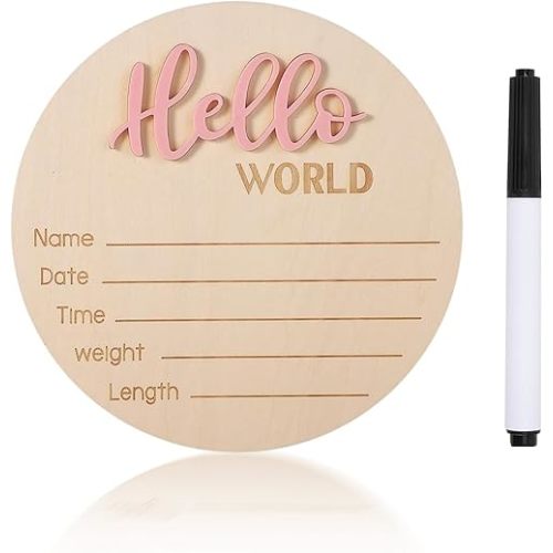 Baby Announcement Sign, ​5.9 Inch Wooden Hello World Newborn Welcome Sign, Birth Announcement Sign for Hospital, Newborn Name Sign Plaques for Photo Props Baby Shower Nursery(Pink,Pen)