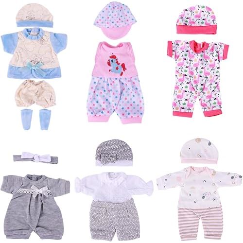 BABESIDE 6 Sets of Baby Doll Clothes for 12-15 Inch Baby Dolls | 14 Pcs Doll Clothes and Baby Doll Accessories Set with Hats, Pants, Headband and Socks fits Pretend Play Toys for Kids 3+