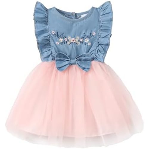 Kucnuzki Toddler Girl Outfits Baby Sunflower Princess Dresses Denim Summer Sleeveless Clothes Jean Tutu Skirts for Girls