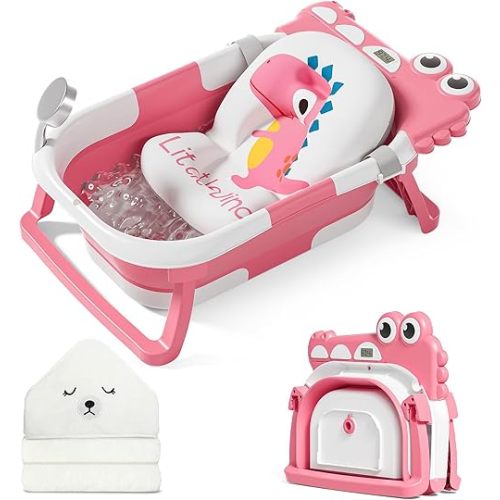 MoreFeel Collapsible Baby Bathtub for Newborn with Thermometer & 1 Hooded Towel & 1 Soft Floating Cushion,Portable Travel Bathtub with Drain Hole, Durable Foldable Baby Tubs for Infants to Toddler