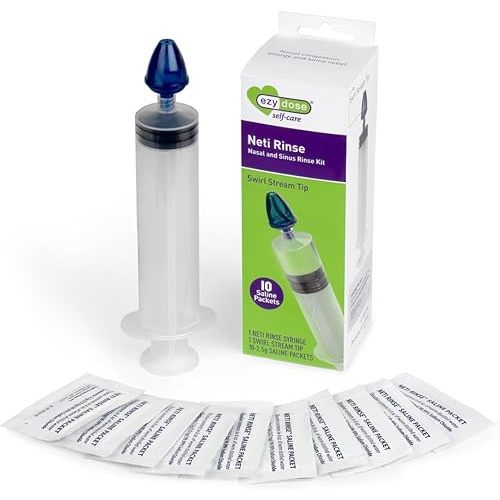 EZY DOSE Sinus and Allergy Relief Syringe, Nose Rinse for Home or Travel, Nasal Irrigation for Sinus Pressure and Congestion Relief, Easy to Use, Includes 10 Saline Packets, BPA Free
